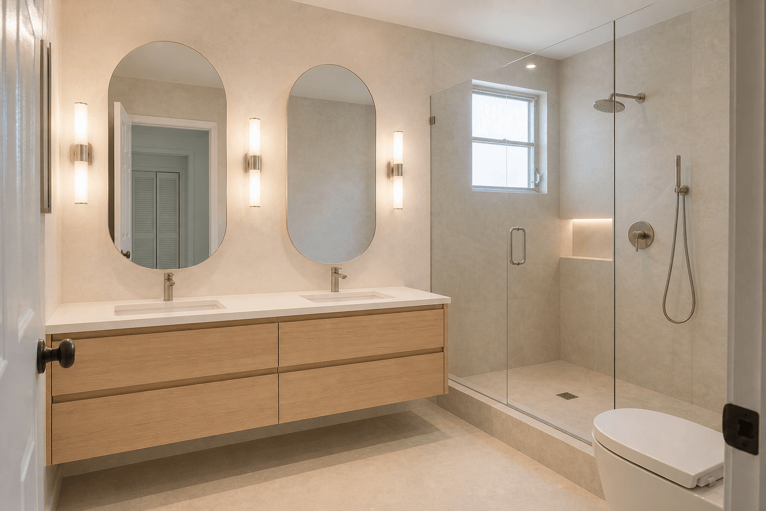 Serene remodeled bathroom with floating oak vanity and frameless glass shower