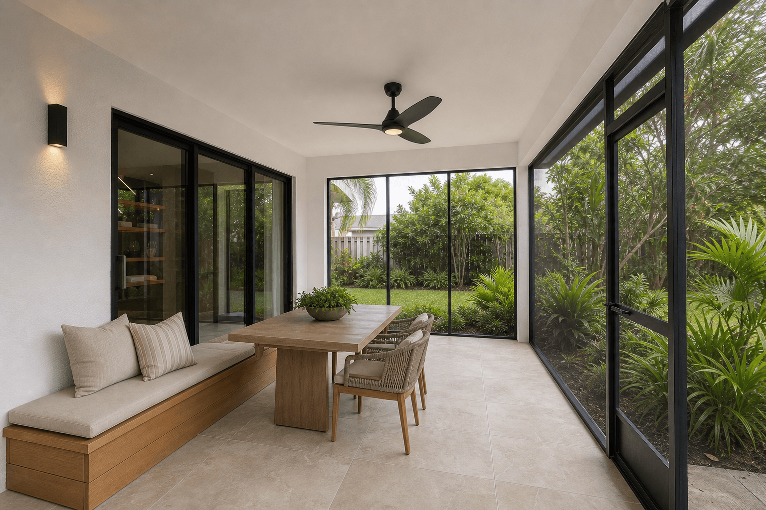 Remodeled screened patio with porcelain pavers, teak bench, and refreshed tropical landscaping